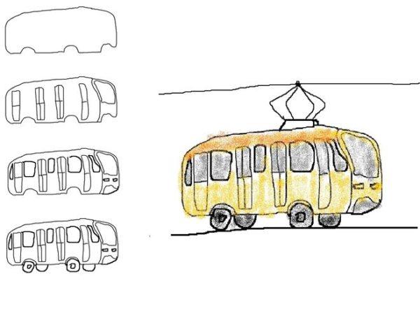 Рисунки для срисовки Трамвай поэтапно