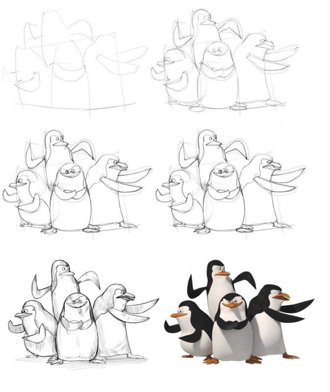 Пингвины мадагаскар - рисуем по шагам